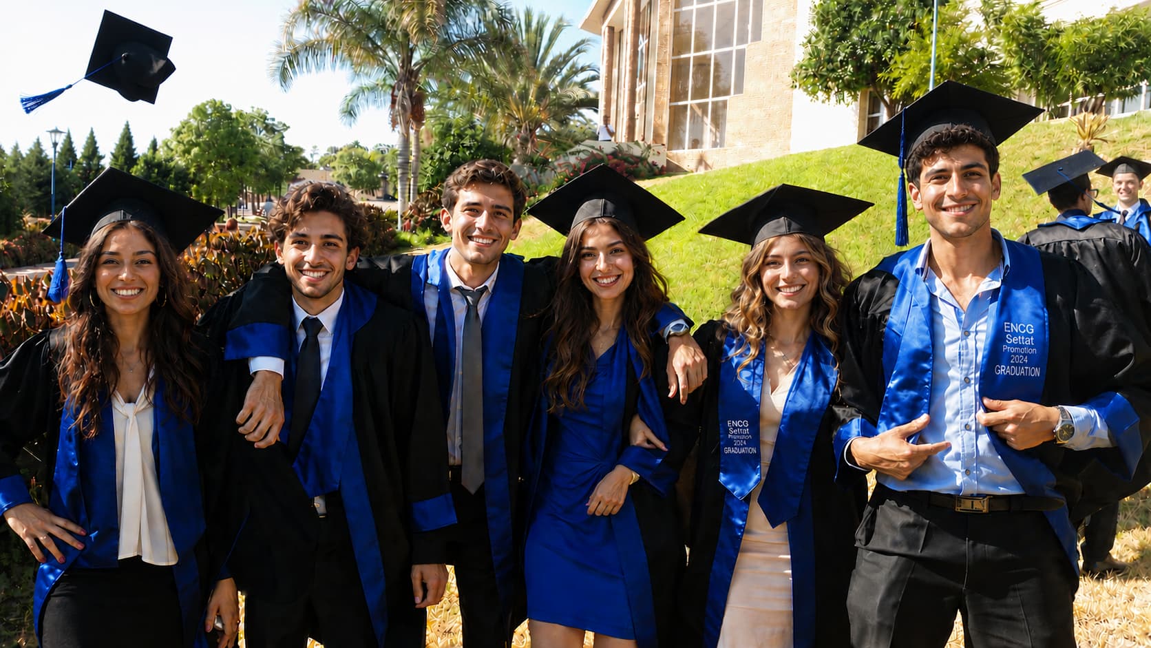 Des diplômés le jour de leur remise de diplôme à l'ENCG, toges et chapeaux lancés en l'air