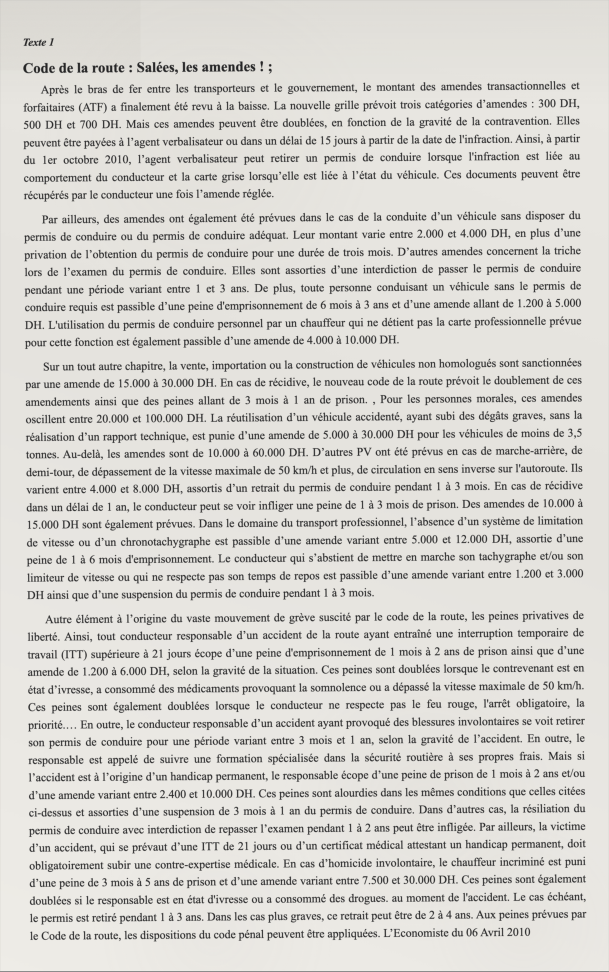Texte 1 de mémorisation — TAFEM 2010